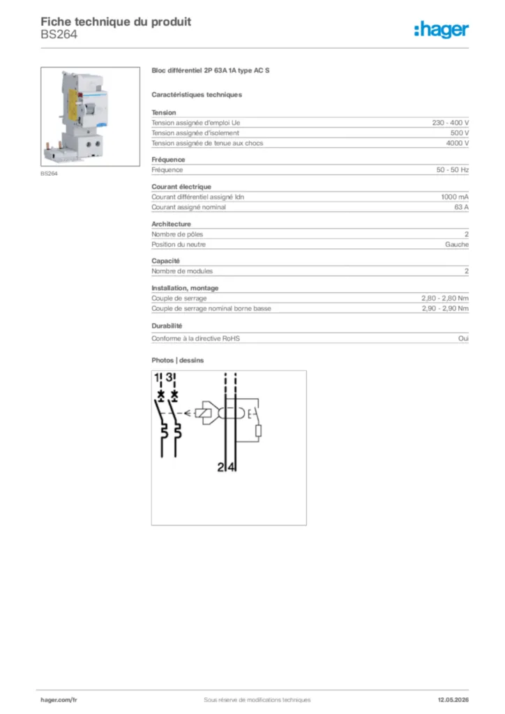 Image Hager Fiche technique du produit BS264 | Hager France