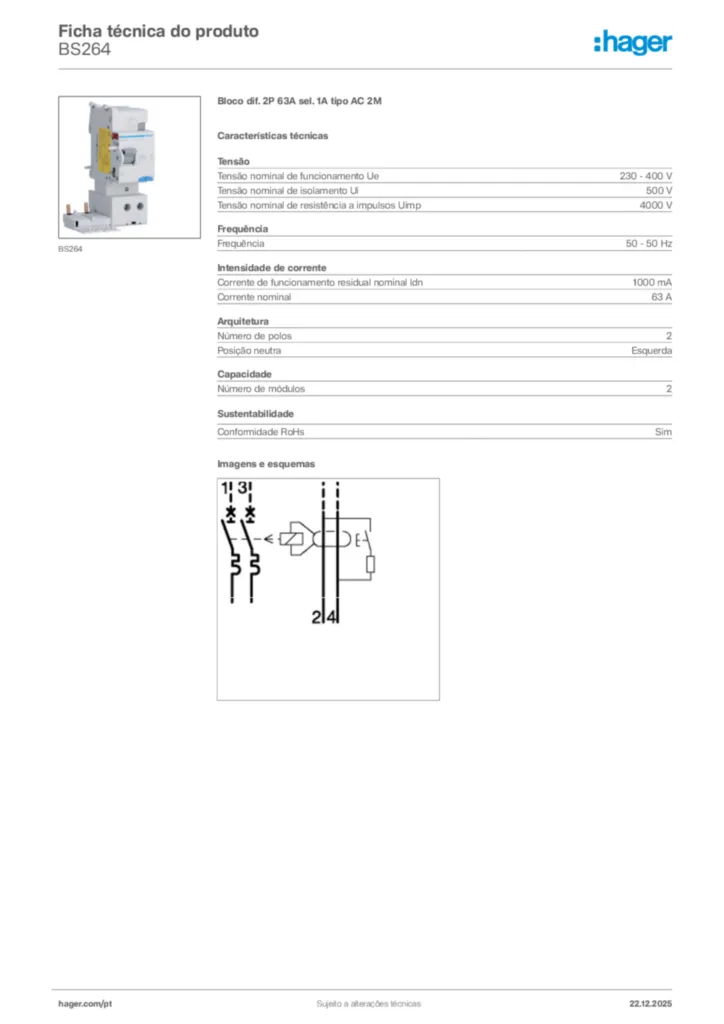 Imagem Hager Ficha técnica do produto BS264 | Hager Portugal