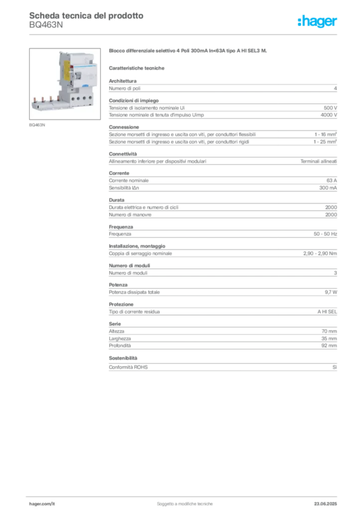 Immagine Hager Scheda tecnica del prodotto BQ463N | Hager Italia