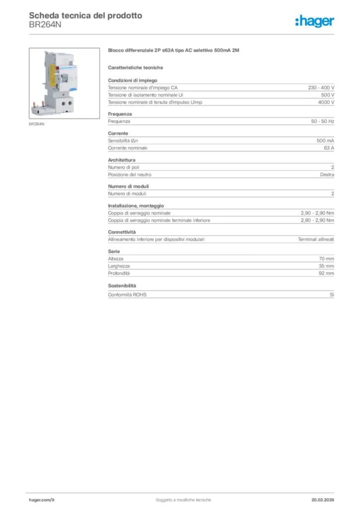 Immagine Hager Scheda tecnica del prodotto BR264N | Hager Italia
