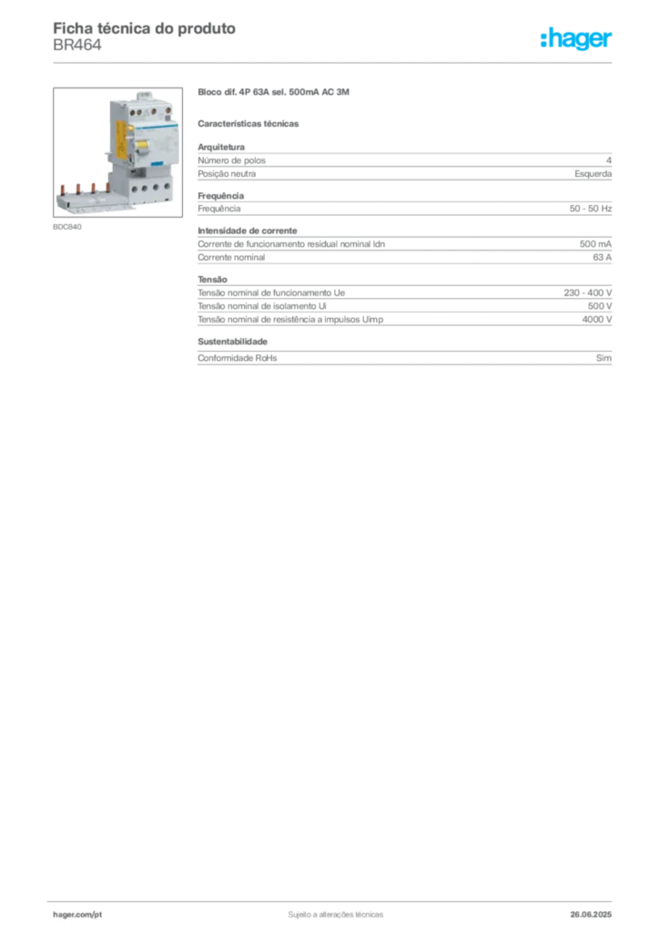 Imagem Hager Ficha técnica do produto BR464 | Hager Portugal