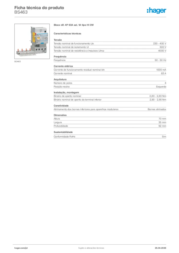 Imagem Hager Ficha técnica do produto BS463 | Hager Portugal