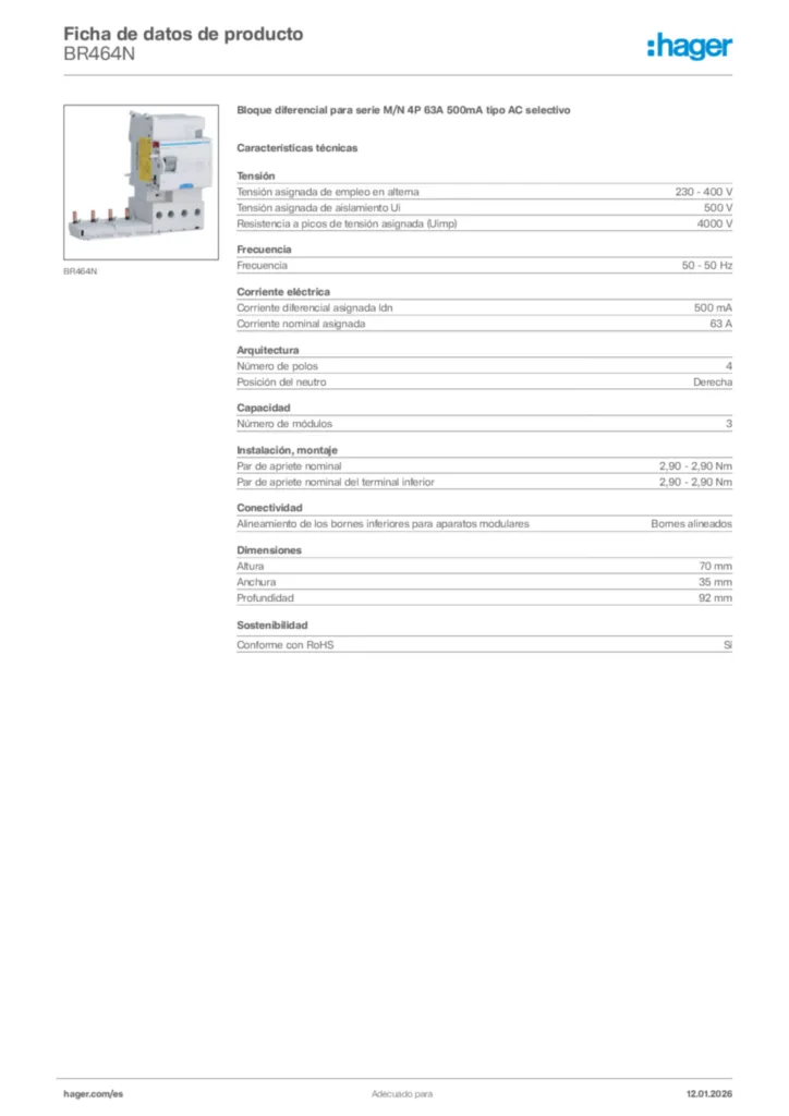 Imagen Hager Ficha de datos de producto BR464N | Hager España