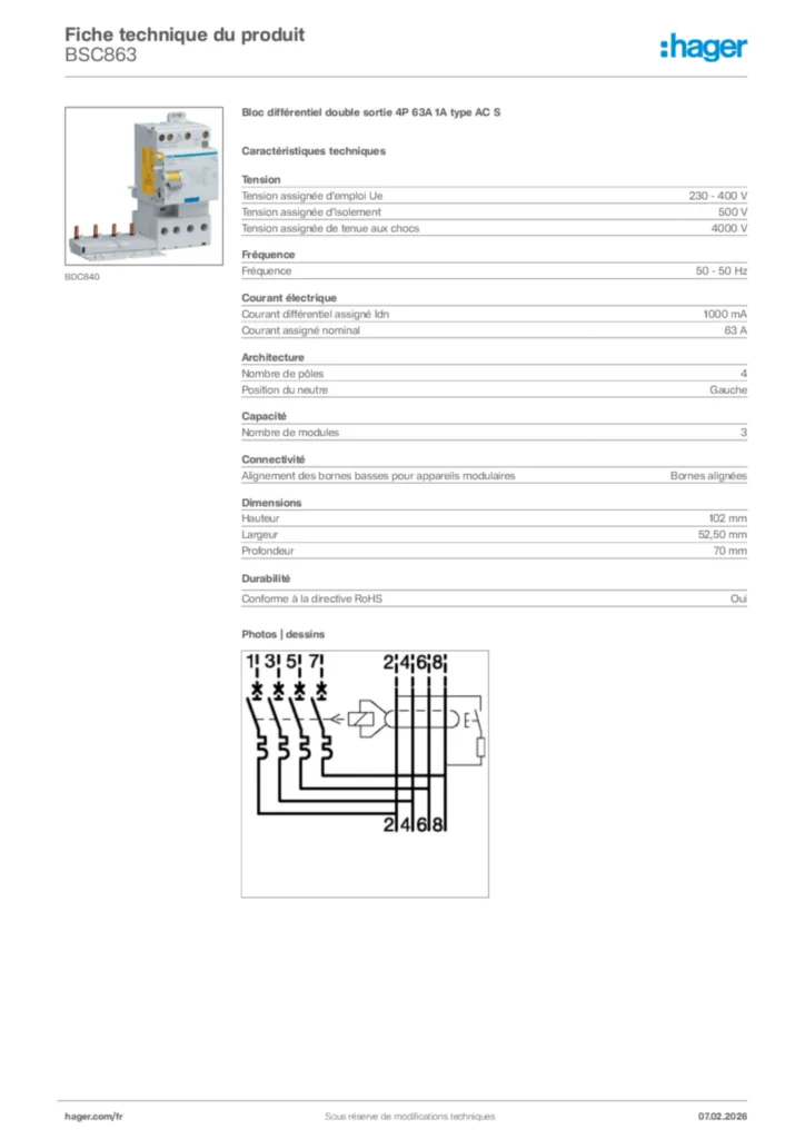 Image Hager Fiche technique du produit BSC863 | Hager France