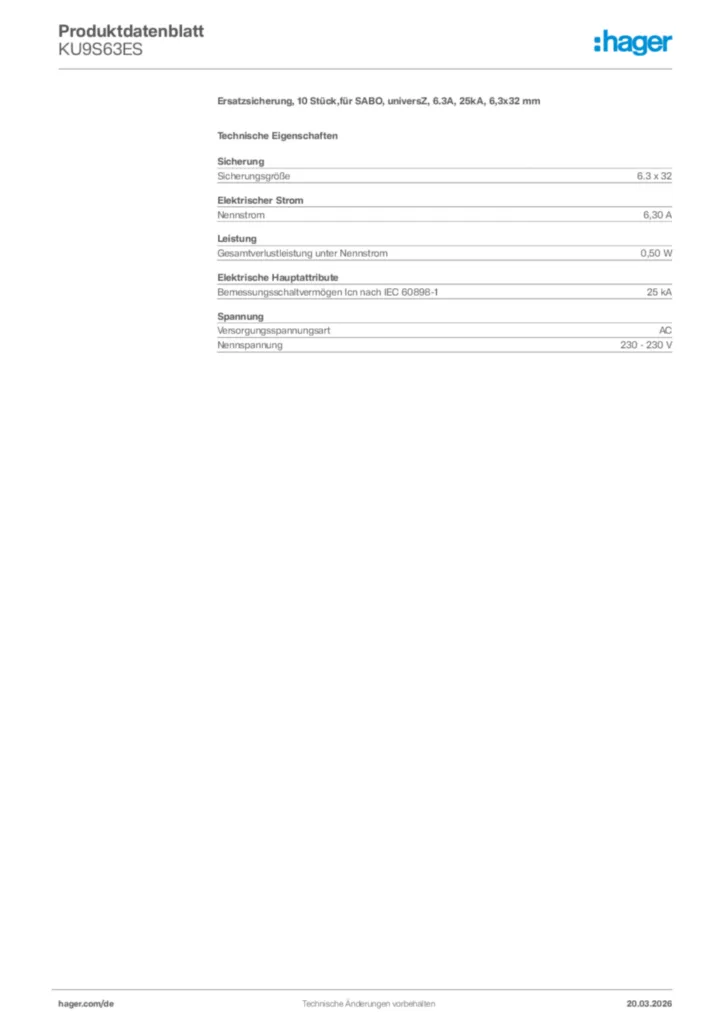 Bild Hager Produktdatenblatt KU9S63ES | Hager Deutschland
