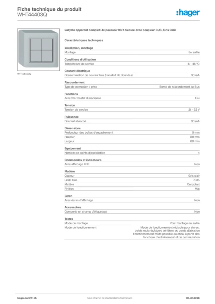 Image Hager Fiche technique du produit WHT44403Q | Hager Suisse