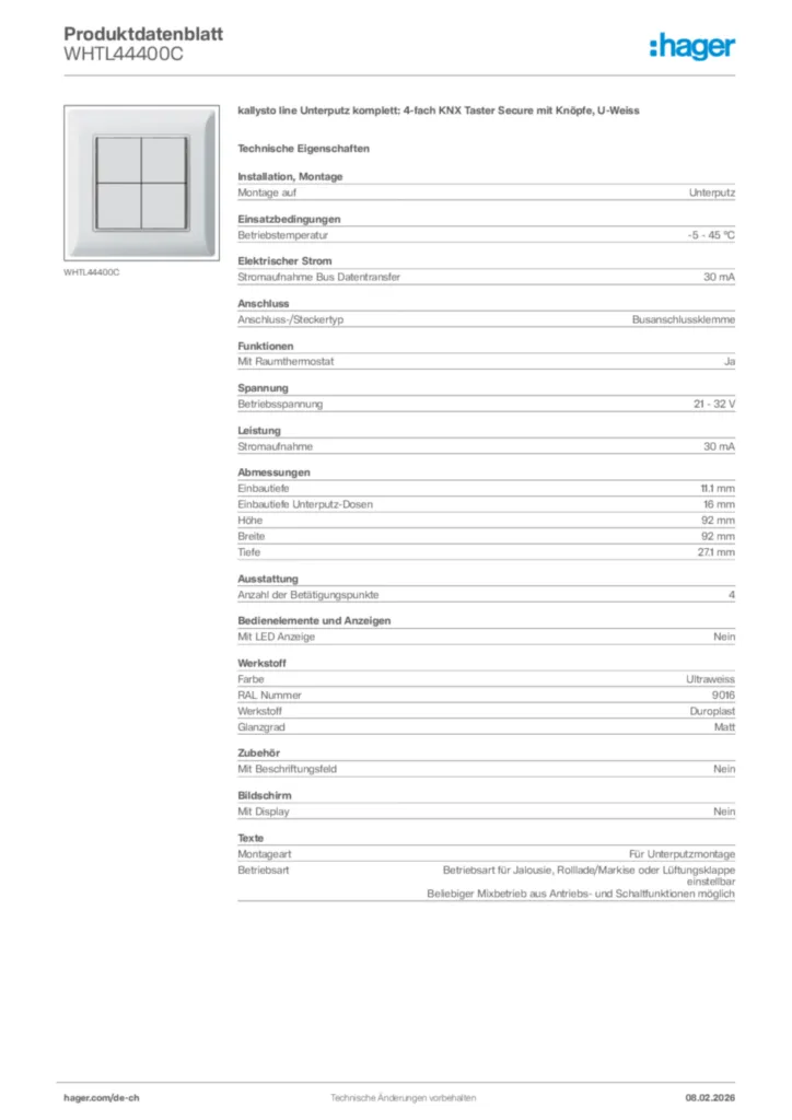 Bild Hager Produktdatenblatt WHTL44400C | Hager Schweiz