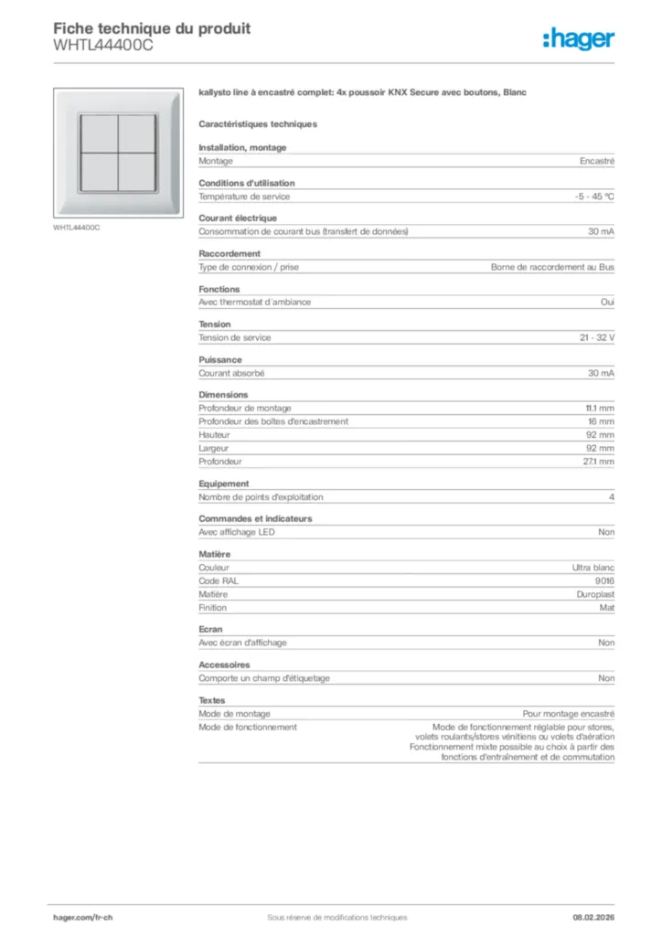 Image Hager Fiche technique du produit WHTL44400C | Hager Suisse