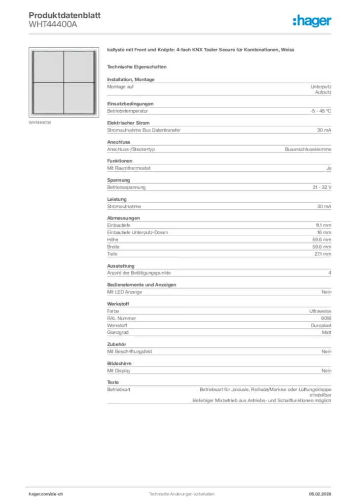 Bild Hager Produktdatenblatt WHT44400A | Hager Schweiz