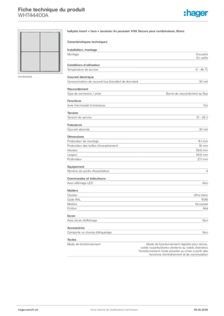 Image Hager Fiche technique du produit WHT44400A | Hager Suisse