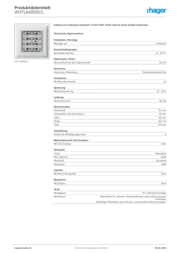 Bild Hager Produktdatenblatt WHTL44800CL | Hager Schweiz