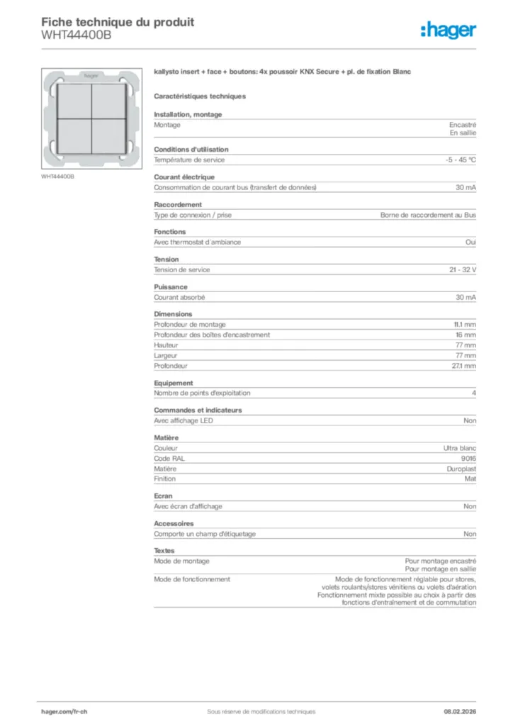 Image Hager Fiche technique du produit WHT44400B | Hager Suisse