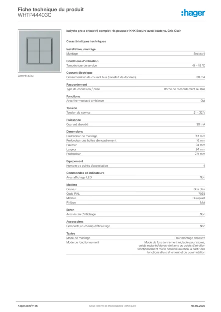 Image Hager Fiche technique du produit WHTP44403C | Hager Suisse