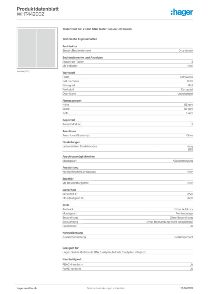 Bild Hager Produktdatenblatt WHT44200Z | Hager Schweiz