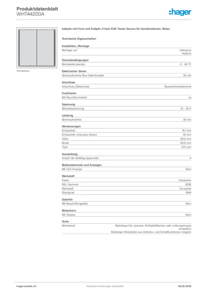 Bild Hager Produktdatenblatt WHT44200A | Hager Schweiz