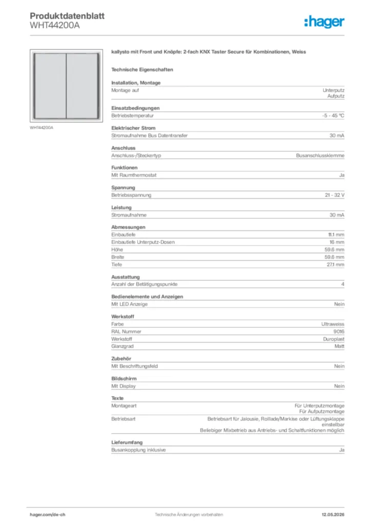 Bild Hager Produktdatenblatt WHT44200A | Hager Schweiz