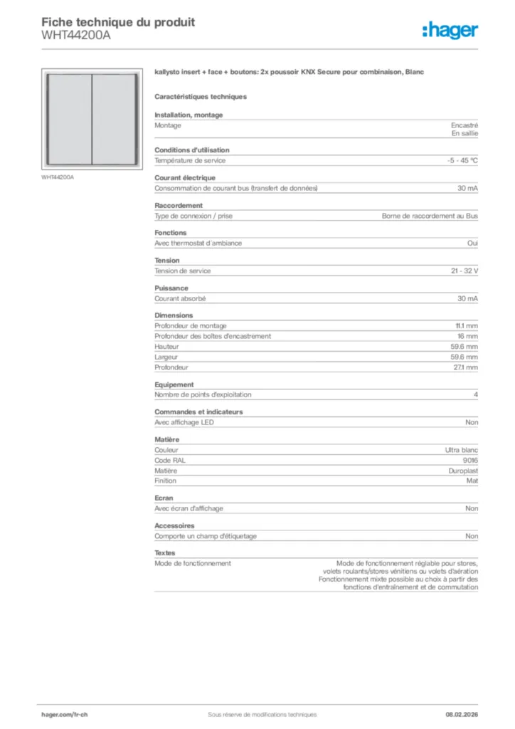 Image Hager Fiche technique du produit WHT44200A | Hager Suisse