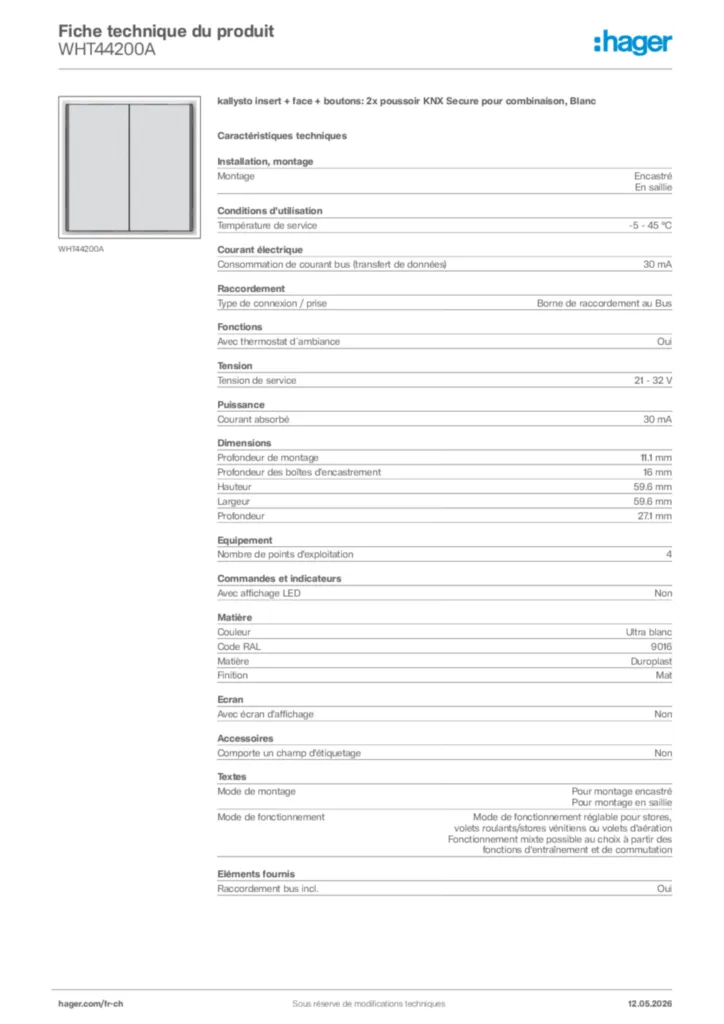 Image Hager Fiche technique du produit WHT44200A | Hager Suisse