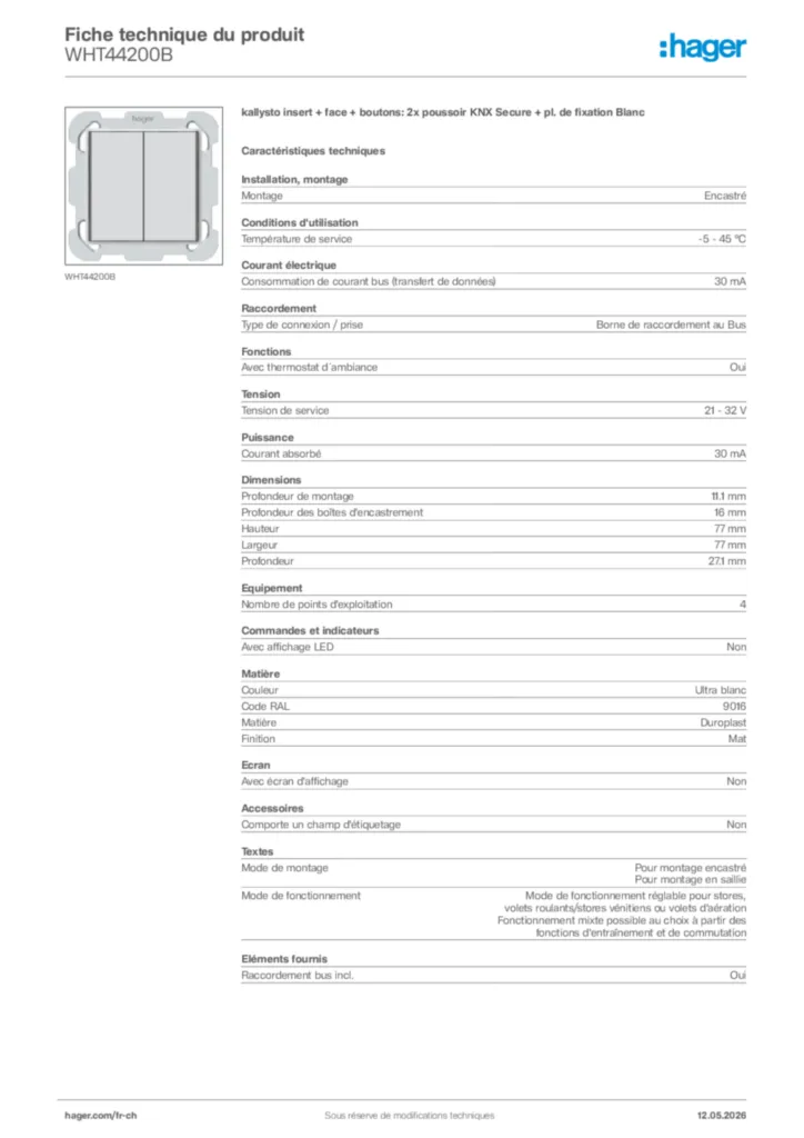 Image Hager Fiche technique du produit WHT44200B | Hager Suisse