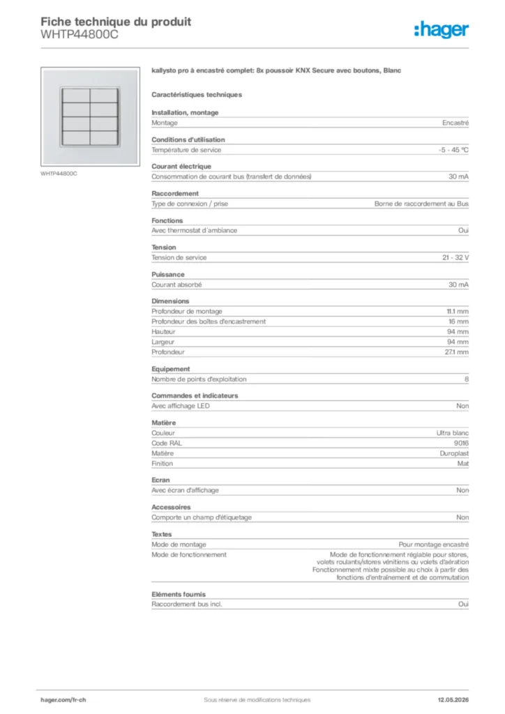 Image Hager Fiche technique du produit WHTP44800C | Hager Suisse