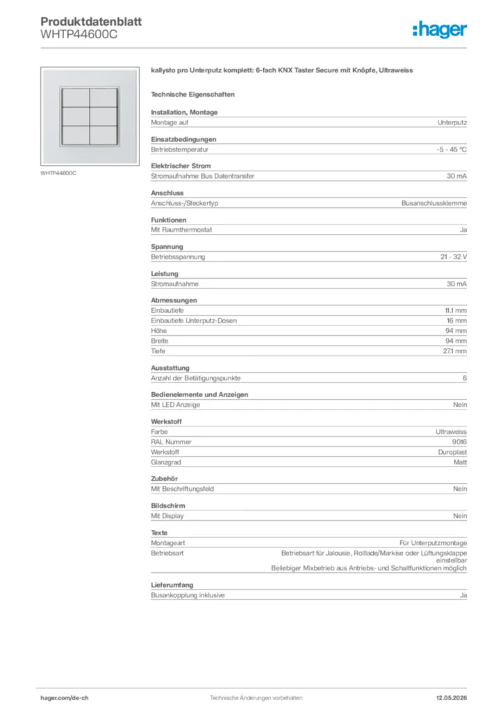 Bild Hager Produktdatenblatt WHTP44600C | Hager Schweiz