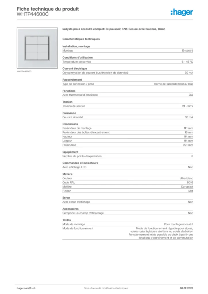 Image Hager Fiche technique du produit WHTP44600C | Hager Suisse