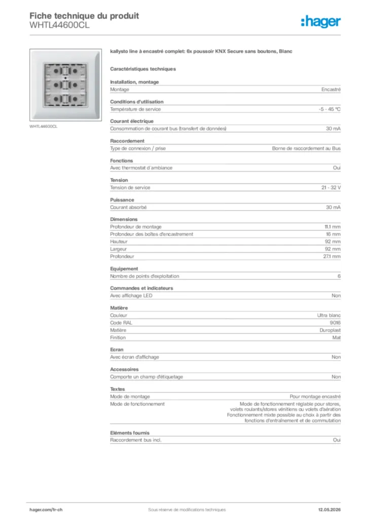 Image Hager Fiche technique du produit WHTL44600CL | Hager Suisse