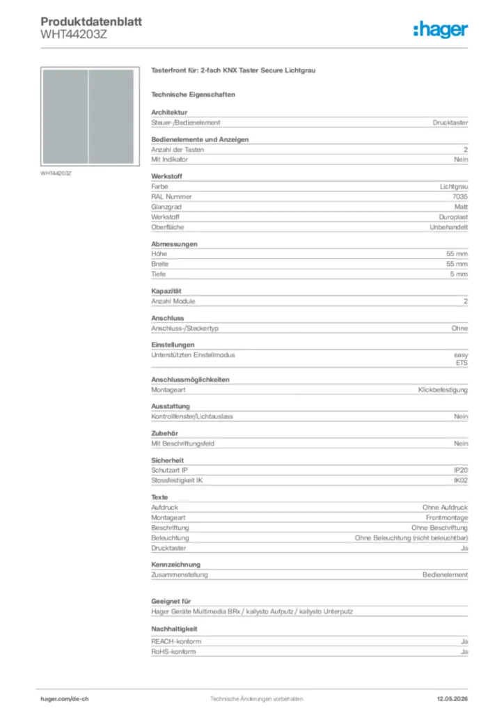 Bild Hager Produktdatenblatt WHT44203Z | Hager Schweiz