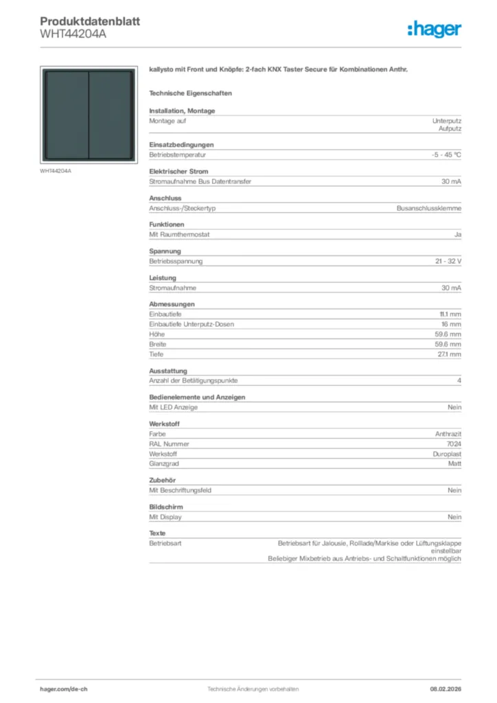 Bild Hager Produktdatenblatt WHT44204A | Hager Schweiz