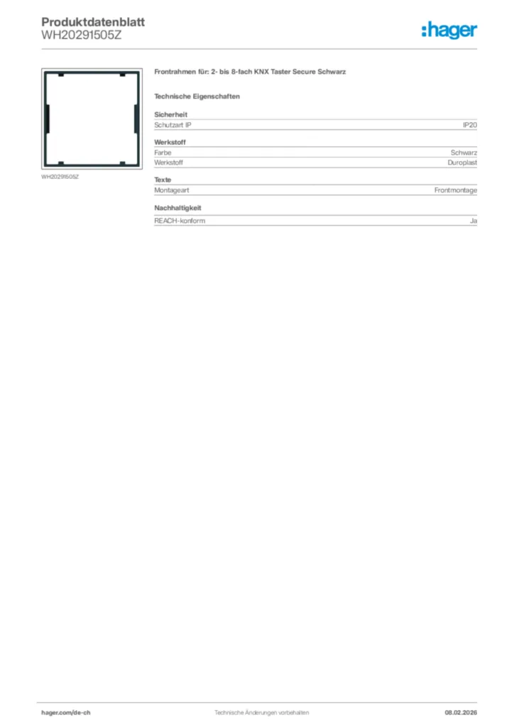 Bild Hager Produktdatenblatt WH20291505Z | Hager Schweiz