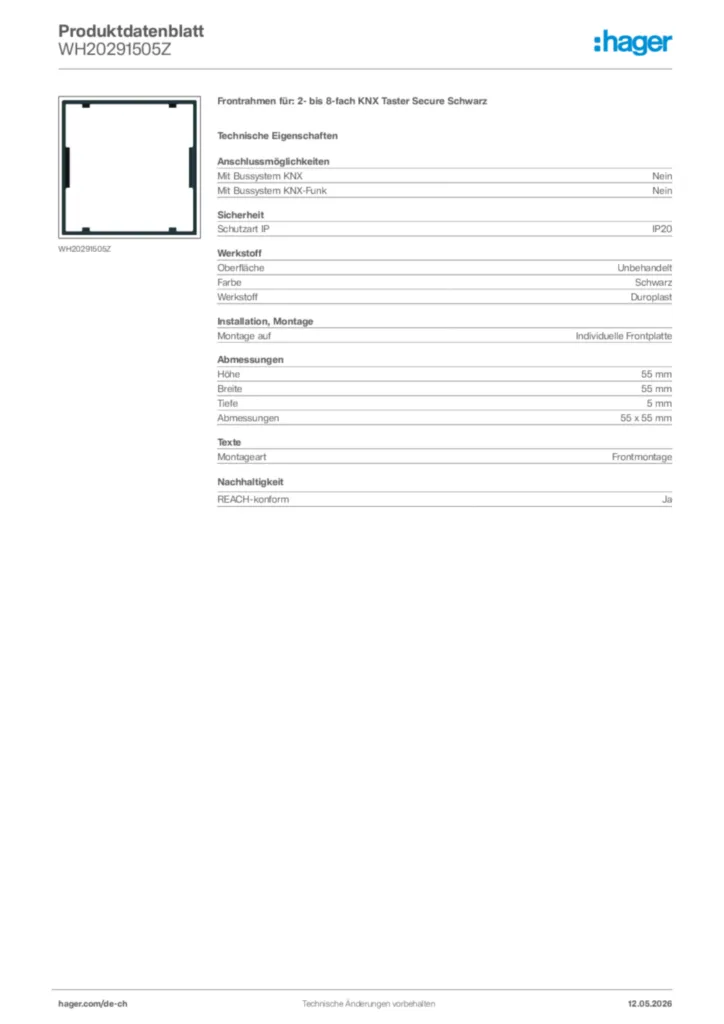 Bild Hager Produktdatenblatt WH20291505Z | Hager Schweiz