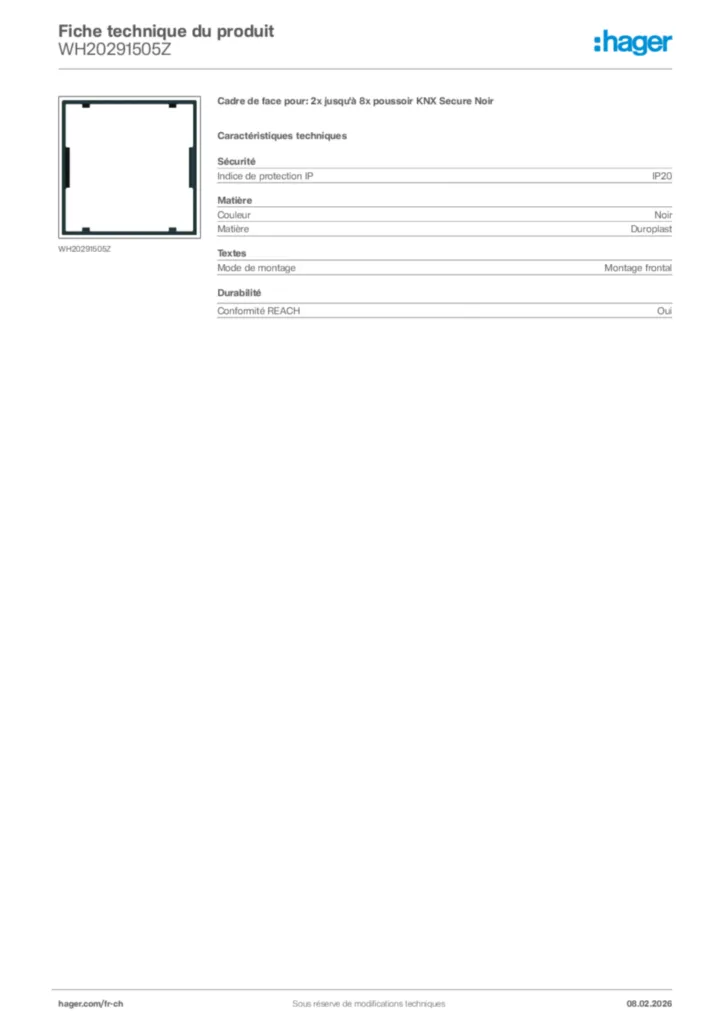 Image Hager Fiche technique du produit WH20291505Z | Hager Suisse
