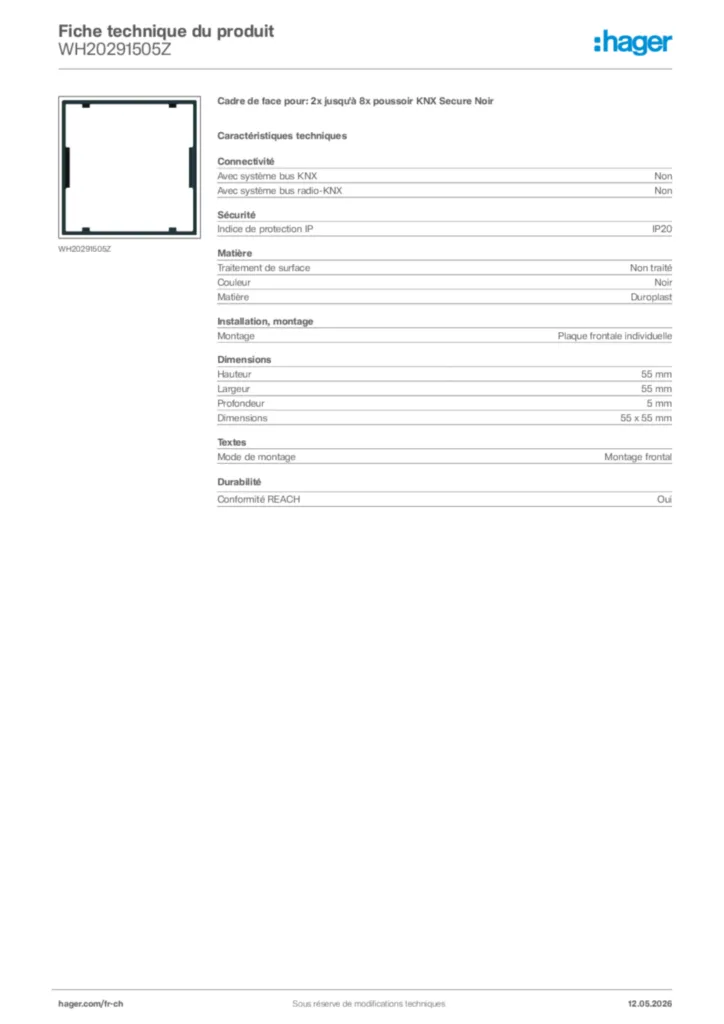 Image Hager Fiche technique du produit WH20291505Z | Hager Suisse