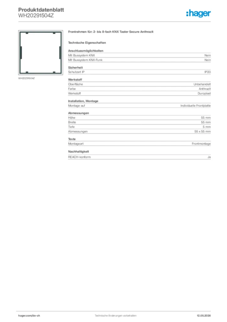 Bild Hager Produktdatenblatt WH20291504Z | Hager Schweiz