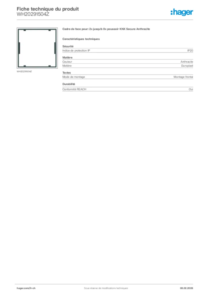 Image Hager Fiche technique du produit WH20291504Z | Hager Suisse