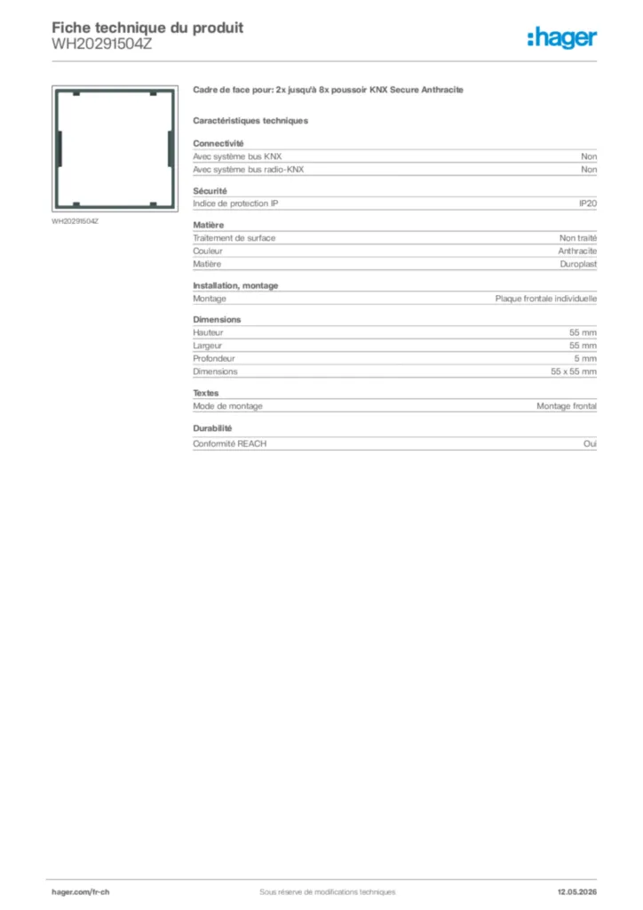 Image Hager Fiche technique du produit WH20291504Z | Hager Suisse