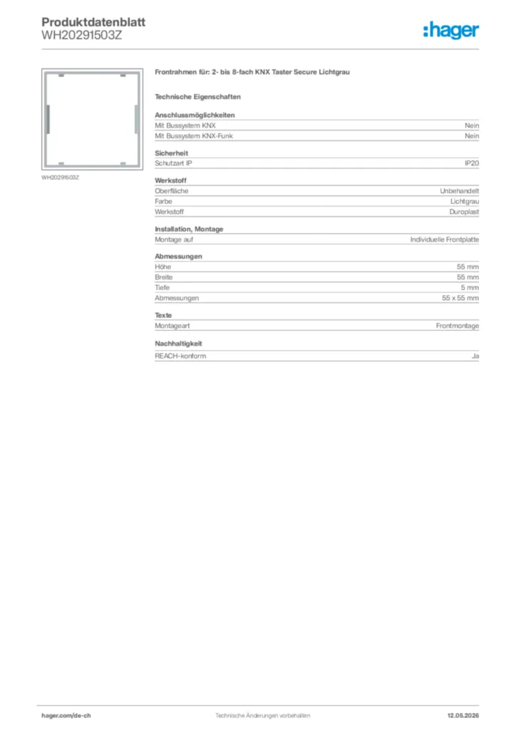 Bild Hager Produktdatenblatt WH20291503Z | Hager Schweiz