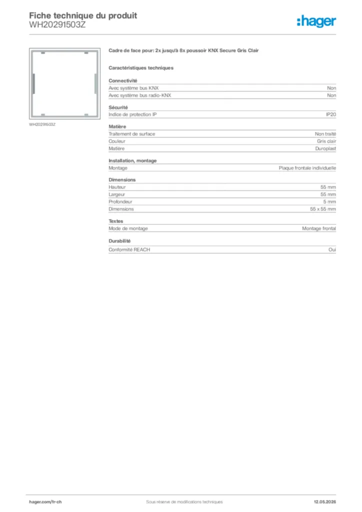 Image Hager Fiche technique du produit WH20291503Z | Hager Suisse