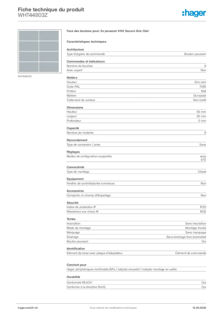 Image Hager Fiche technique du produit WHT44803Z | Hager Suisse