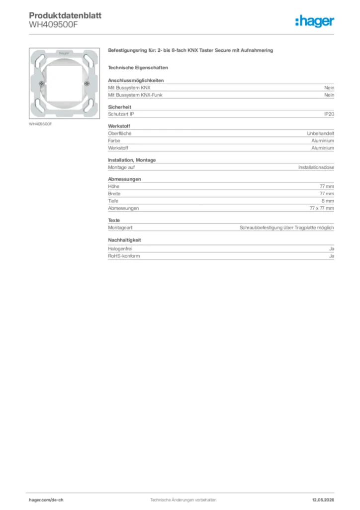 Bild Hager Produktdatenblatt WH409500F | Hager Schweiz