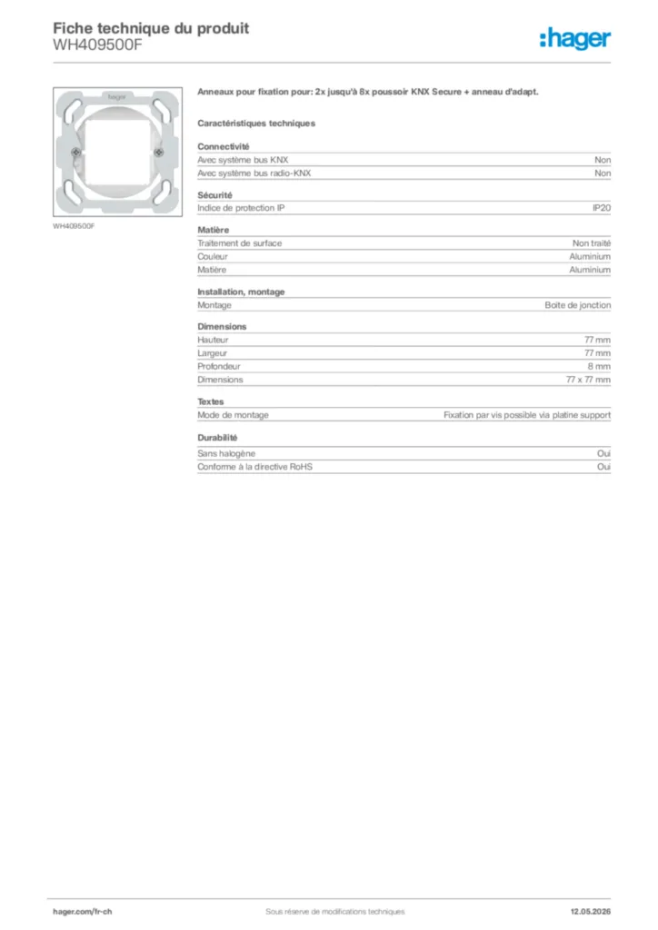Image Hager Fiche technique du produit WH409500F | Hager Suisse