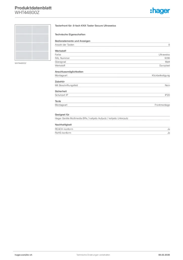 Bild Hager Produktdatenblatt WHT44800Z | Hager Schweiz