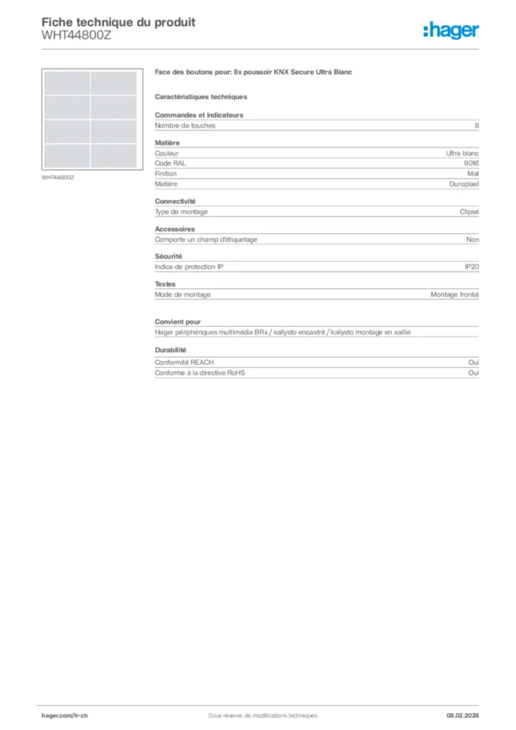Image Hager Fiche technique du produit WHT44800Z | Hager Suisse
