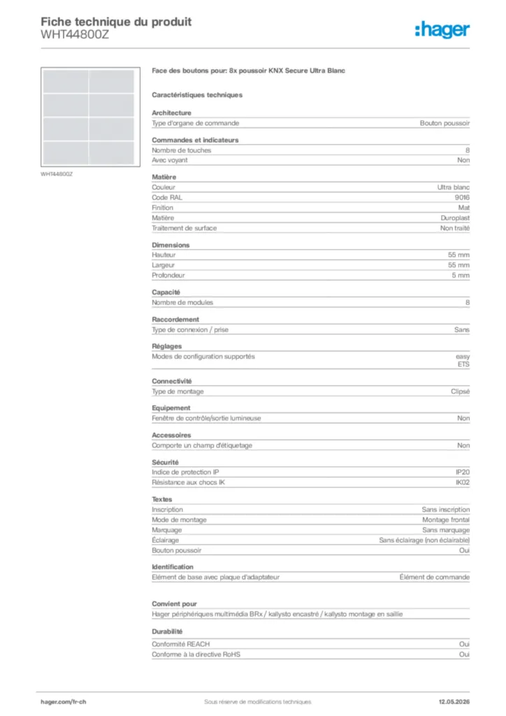 Image Hager Fiche technique du produit WHT44800Z | Hager Suisse