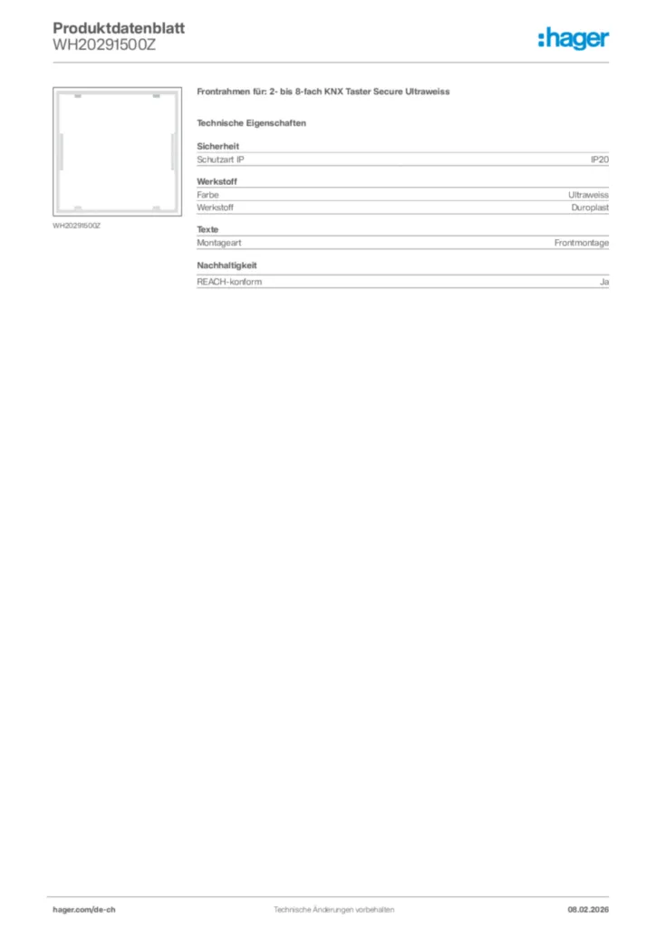 Bild Hager Produktdatenblatt WH20291500Z | Hager Schweiz