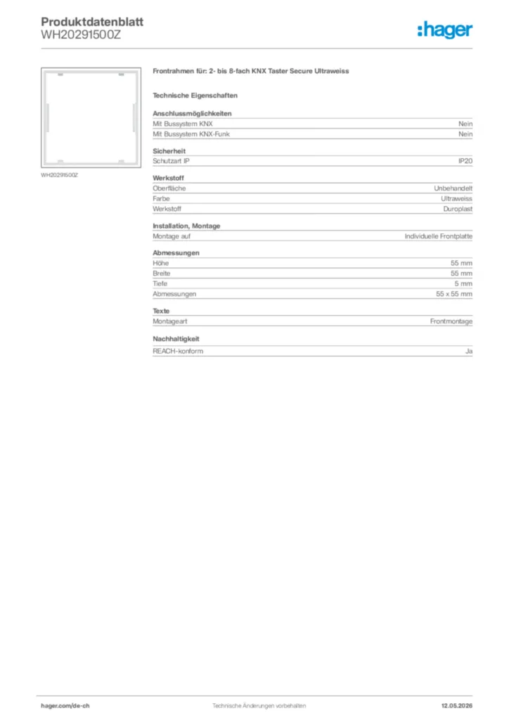 Bild Hager Produktdatenblatt WH20291500Z | Hager Schweiz