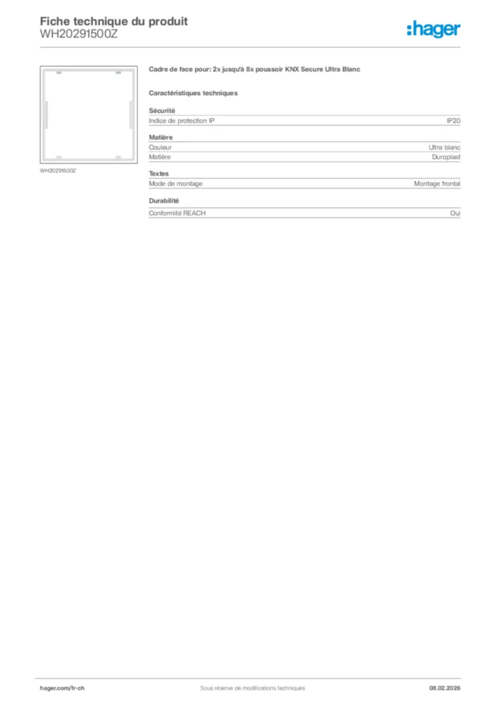 Image Hager Fiche technique du produit WH20291500Z | Hager Suisse