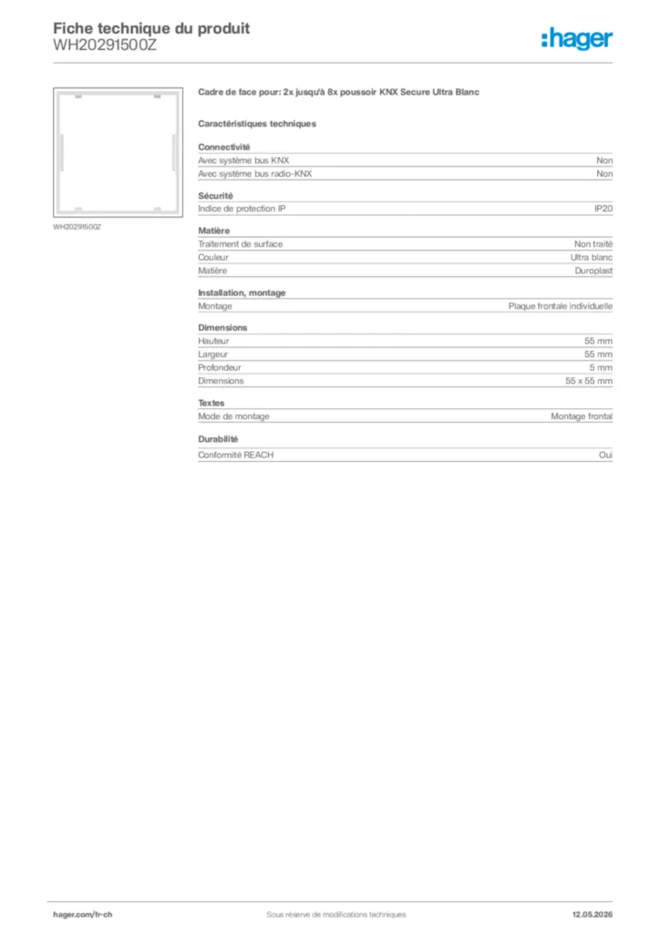 Image Hager Fiche technique du produit WH20291500Z | Hager Suisse