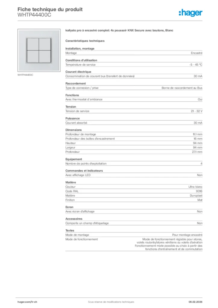 Image Hager Fiche technique du produit WHTP44400C | Hager Suisse