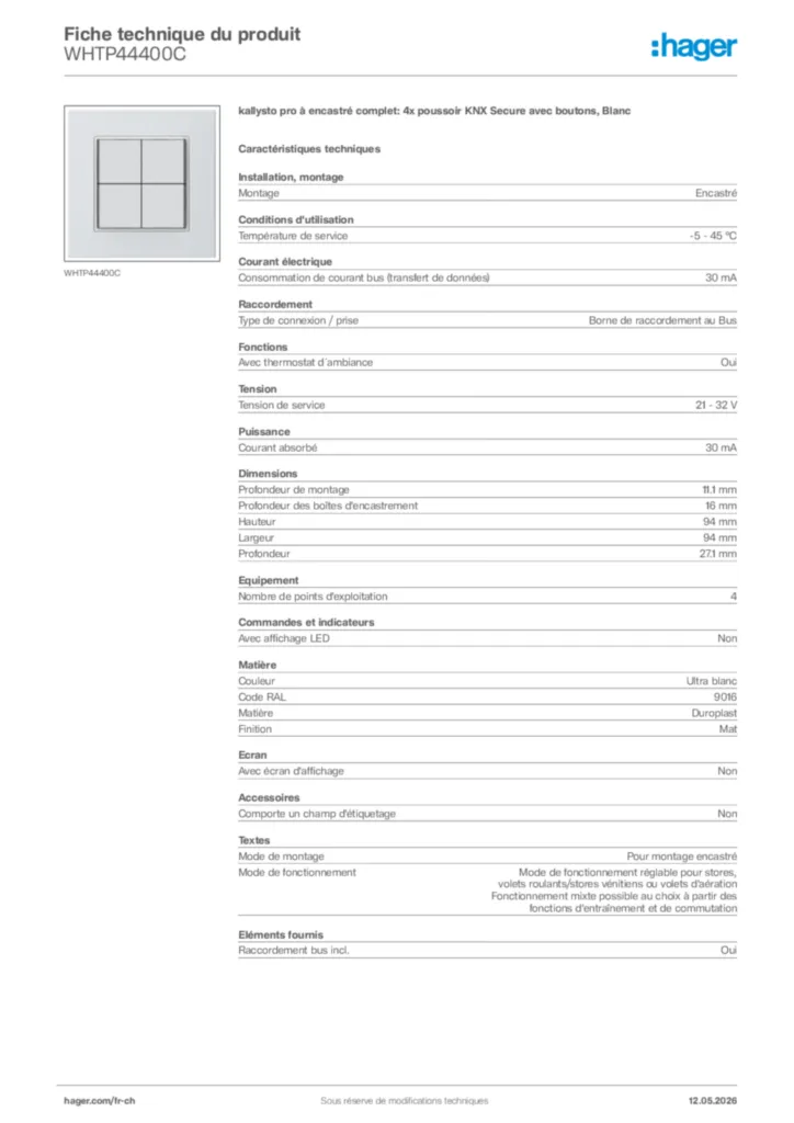 Image Hager Fiche technique du produit WHTP44400C | Hager Suisse